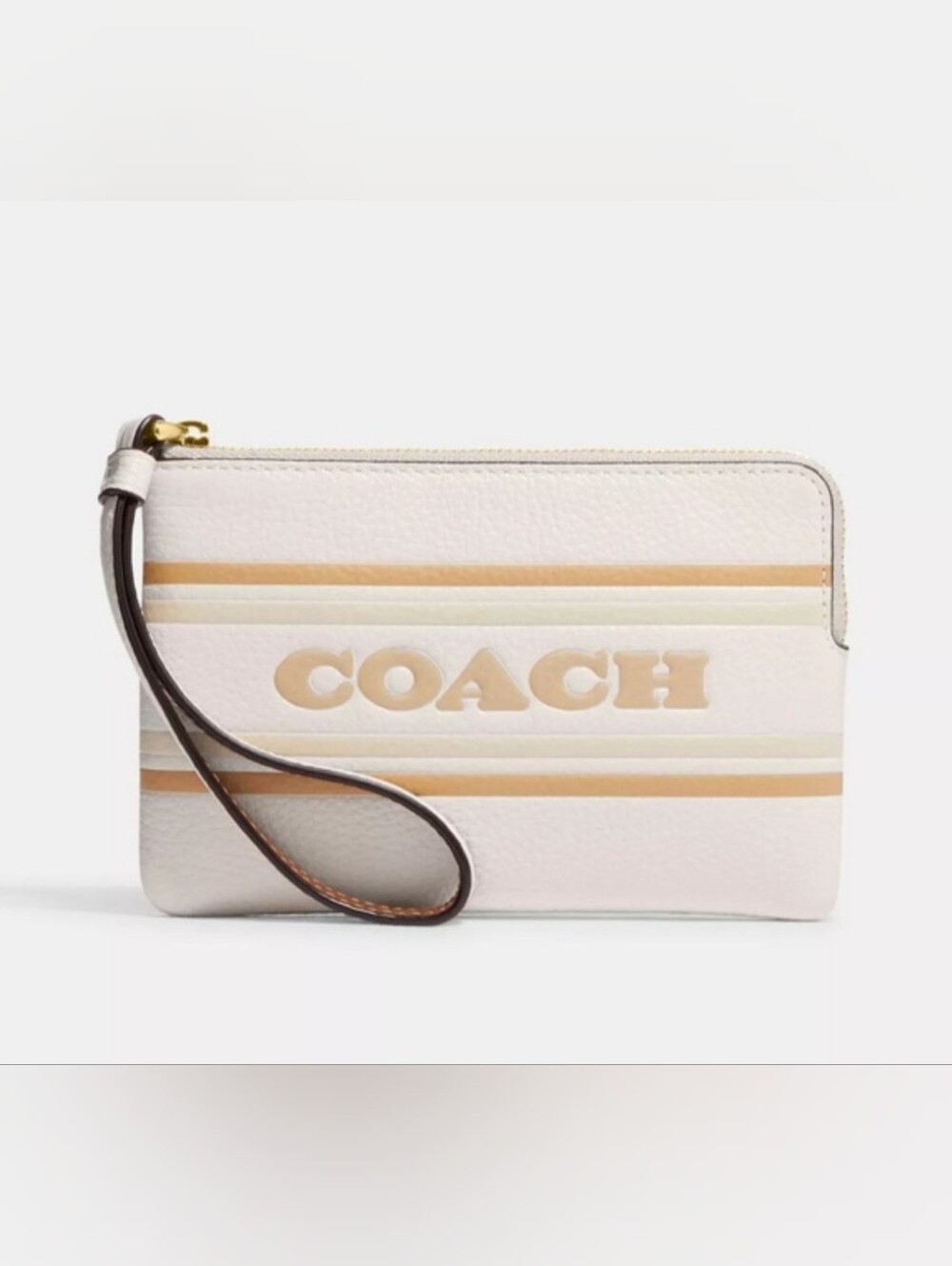 Coach White & Tan Stripe Leather Wristlet Pouch